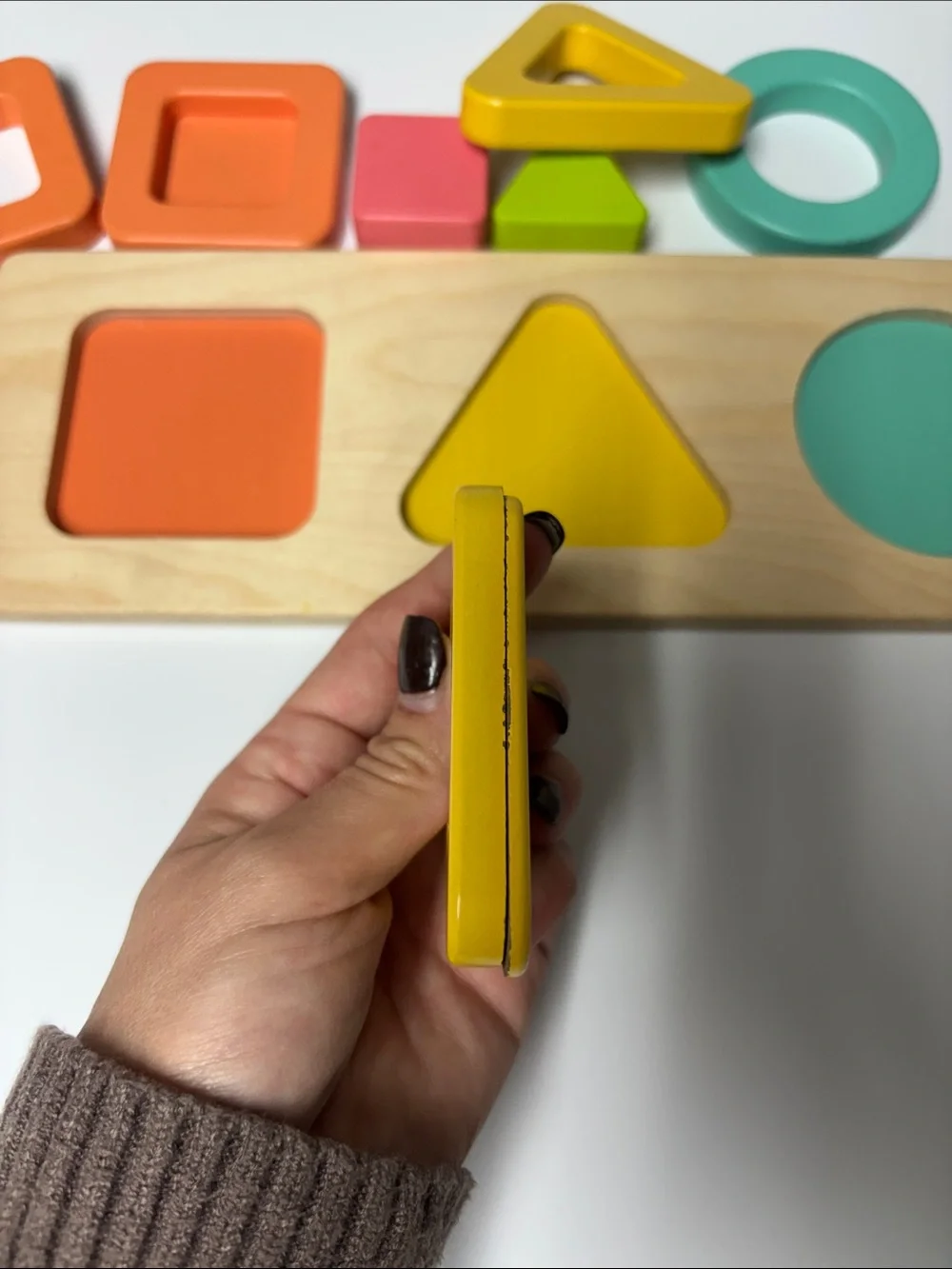 Lovevery Wooden Shape Sorting Board – Orange, Yellow, Teal